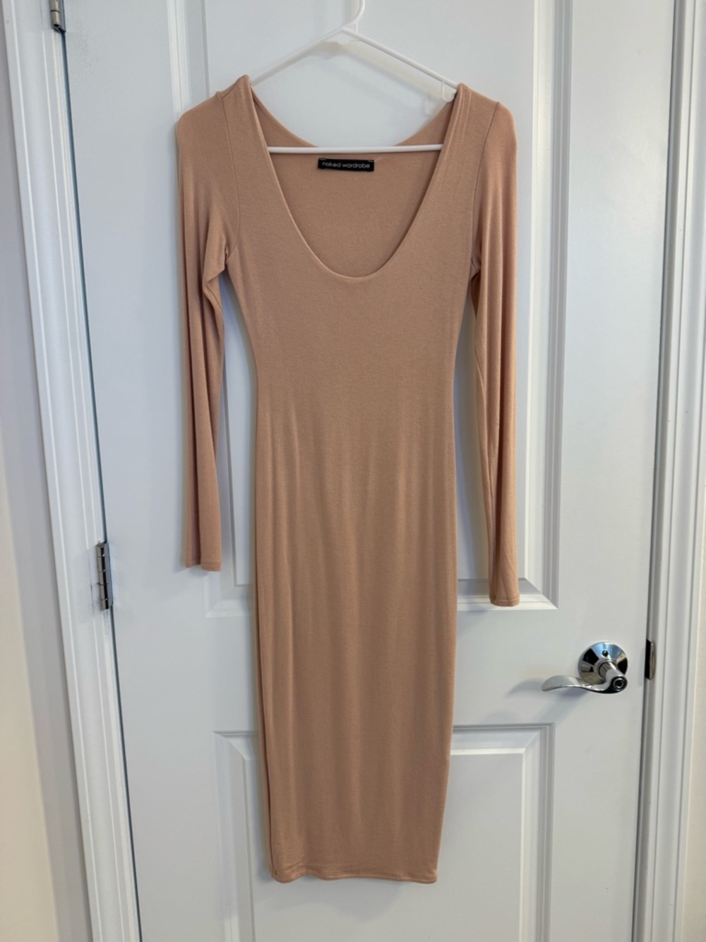 Naked Wardrobe Nude Bodycon Midi Dress Long Sleeve Scoop Neck Size Small